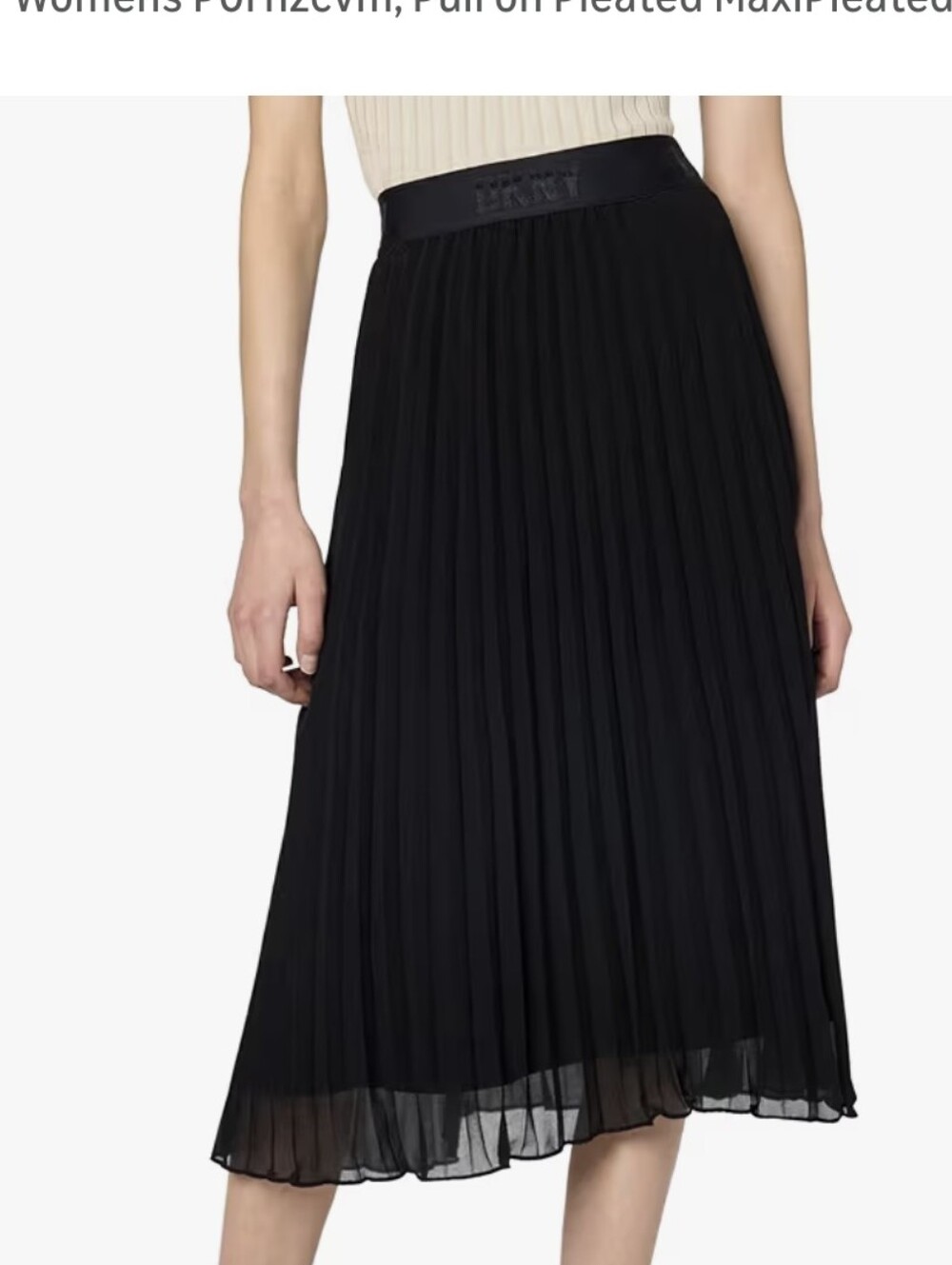 DKNY Black Pleated Midi Skirt with Branded Waistband SZ.M NWT